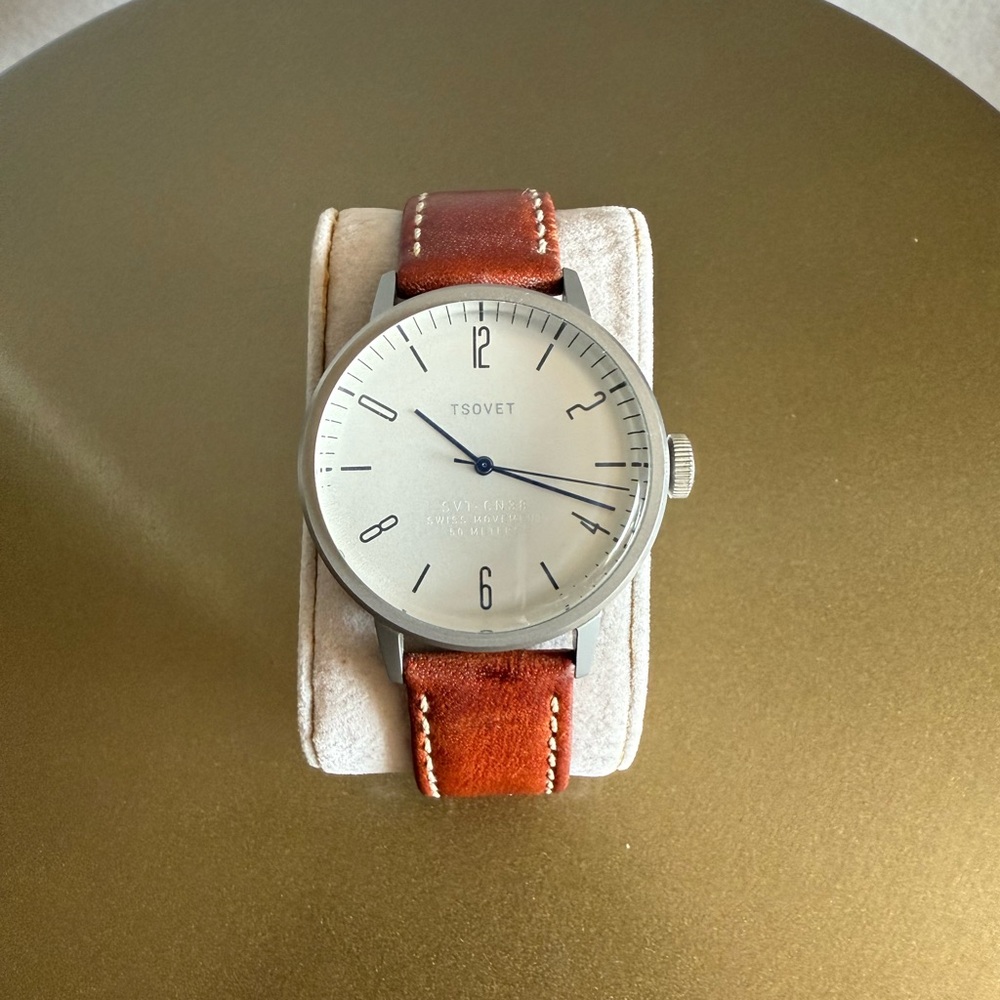 Tsovet 38mm Brown Leather Strap Silver Watch with Minimalist Design